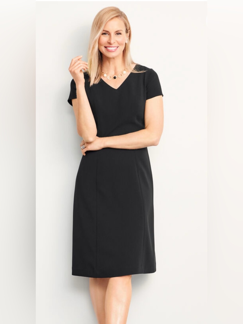 Talbots Black V-Neck Short Sleeve Midi Sheath Dress new no tags.